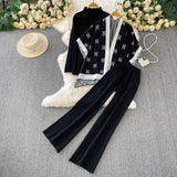 Fashion Ocean Gas Three-Piece Loose Wind Letter Embroidered Cardigan Jacket Bottom High Collar Knitting Tops Broad Legs