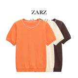 ZARZ Homemade New Women's Classic Bingbian Short-Sleeved Knitted Knitting Top 3390008 HZ0107