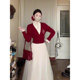 Real Atmosphere Feel Red Fake Two Embroidered Wooden Ear Sweater Women Autumn And Winter Oceanic Knitting Set