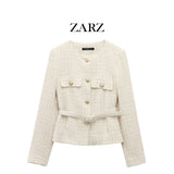 ZARZ Homemade New Women's Wear Belt Textured Long-Sleeved Round-Neck Casual Suit Jacket HZ0107