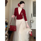 Real Atmosphere Feel Red Fake Two Embroidered Wooden Ear Sweater Women Autumn And Winter Oceanic Knitting Set