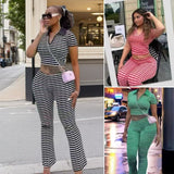 Fashion POLO Shirt With Striped Horn Pants Summer New Knitting Suit Woman HZ0107