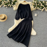 Gentle Windy Woman Languid Languid Breeze With Long-Sleeved Knitted Shirt + High Waist Swing Sweater Half-Dress Skirt