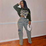 Women's Multi-Pocket Jeans Women's Fashion Personality Removable Button Straight Pants HZ0107