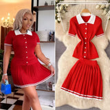 College Style POLO Collar Short-Sleeved Top + High-Waisted 100-Folded Skirt Knitted Two-Piece Suit Woman HZ0107