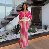 Shang Knitted Suit Woman Sexy V-Necked Leaf Sleeve Top + Striped Ass Skirt Two HZ0107