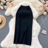 Simple Solid Color Skirt Winter With Sweater High Waist Thin Temperament Open Elastic Knitted Hip Long Skirt