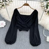 Spring Fashion V-Neck Folded Collared Collared Collared Long-Sleeved Sleeve Cover Female Chic Short-Term Navel Blouse