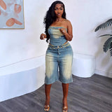 Women's Jeans Set Women's Fashion Blouse Wrapped Corset High-Waisted Denim Shorts HZ0107