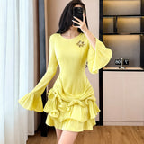 Gentle Windy Woman Languid Languid Breeze With Long-Sleeved Knitted Shirt + High Waist Swing Sweater Half-Dress Skirt