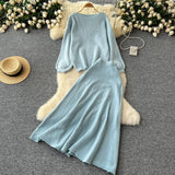Gentle Windy Woman Languid Languid Breeze With Long-Sleeved Knitted Shirt + High Waist Swing Sweater Half-Dress Skirt