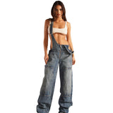 Women's Denim Cloth Jumpsuit Women's Street Multi-Pocket Strap Pants Loose Waist Straight Pants HZ0107