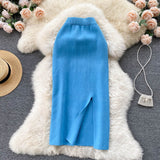 Simple Solid Color Skirt Winter With Sweater High Waist Thin Temperament Open Elastic Knitted Hip Long Skirt