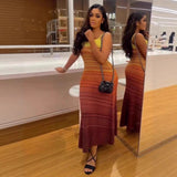 French Retro Gradient Striped Knitted Dress Sleeveless Sling Skirt Slime-Skinny Sweater Skirt HZ0107